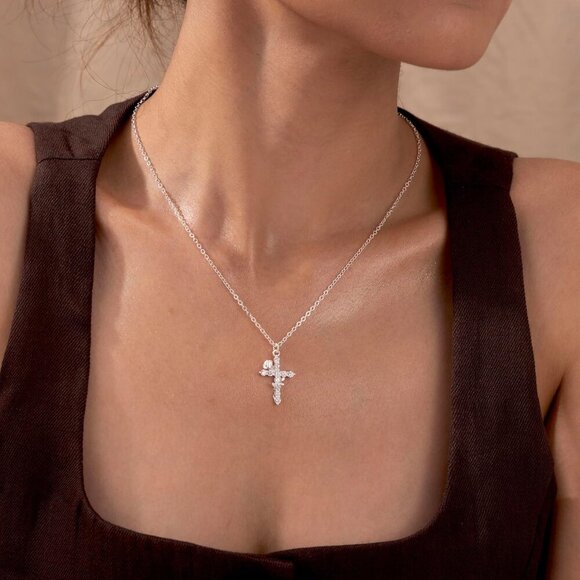 Women C Flower Cross, Silver 14K Gold Plated Crown Cross Necklace - Non-Tarnish - Picture 3 of 7